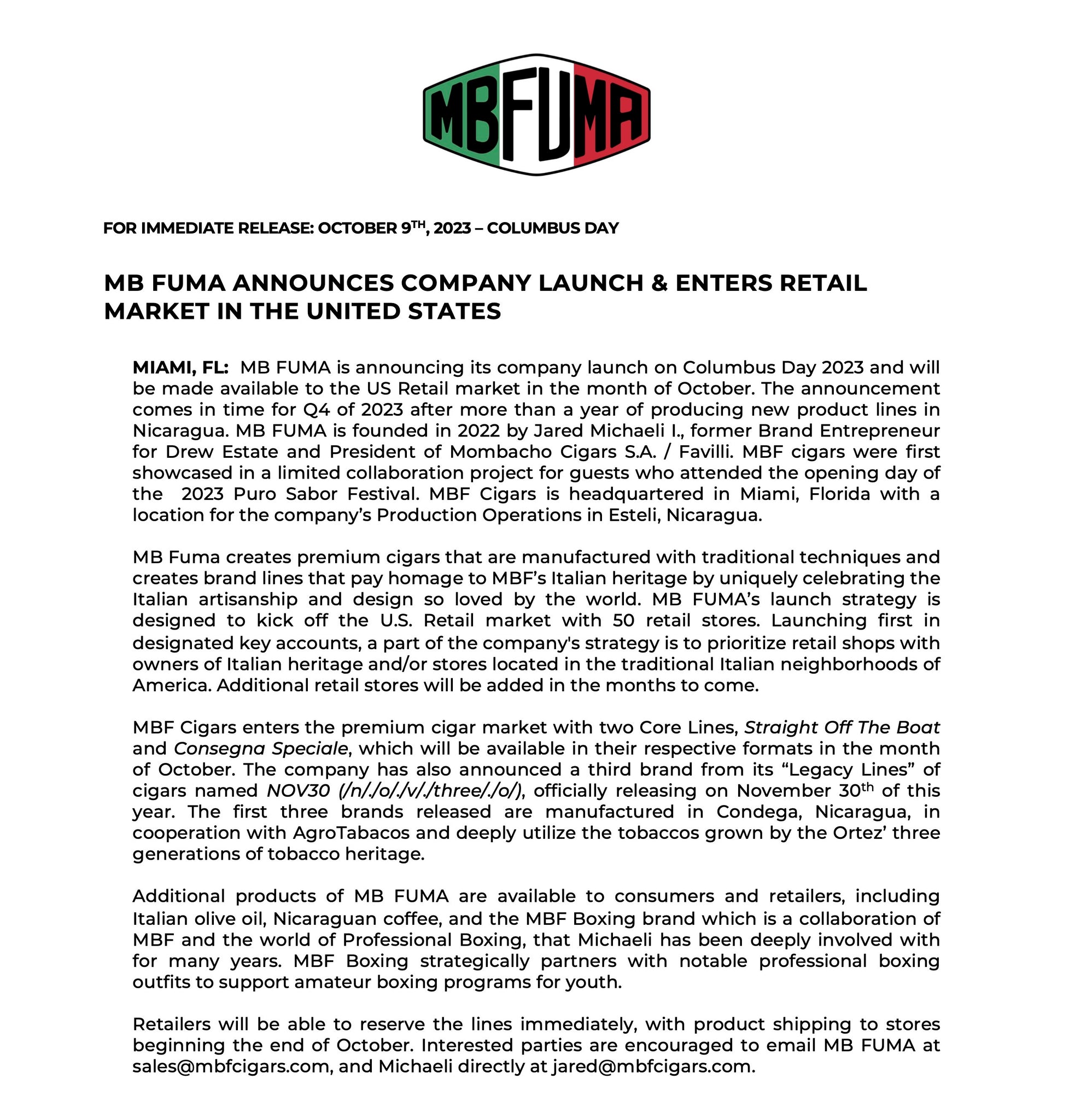 PRESS RELEASE: MB FUMA announces company launch...